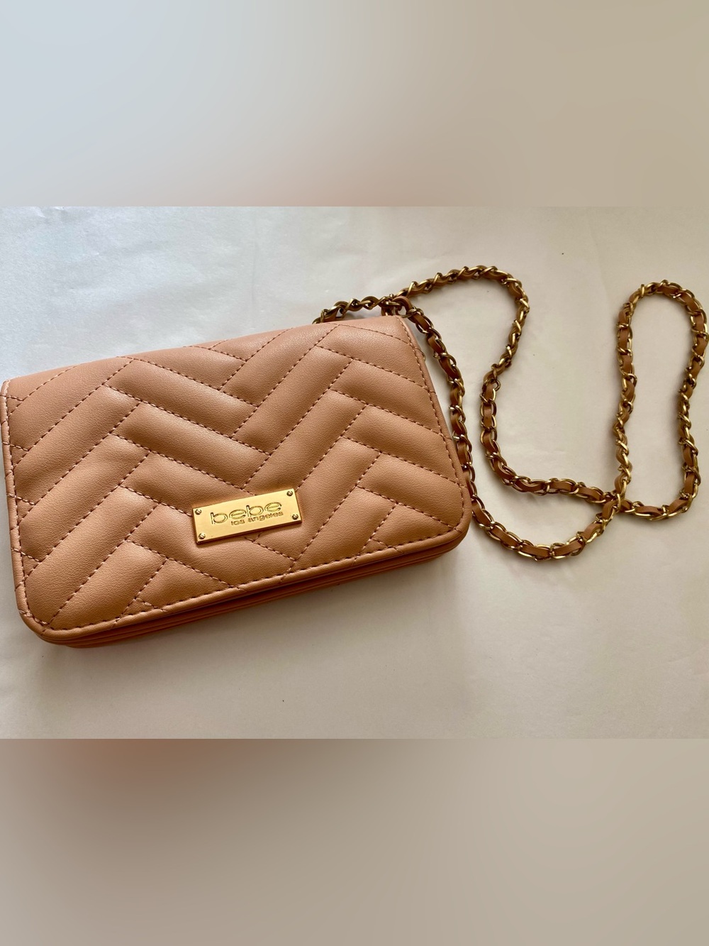 bebe Quilted Chain Crossbody Bag - Peach